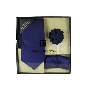 Men's dark blue tie, matching hanky and lapel pin